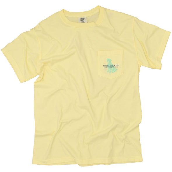 Banana colored shirt from tapbeam that features an outline of a dog and flowers.