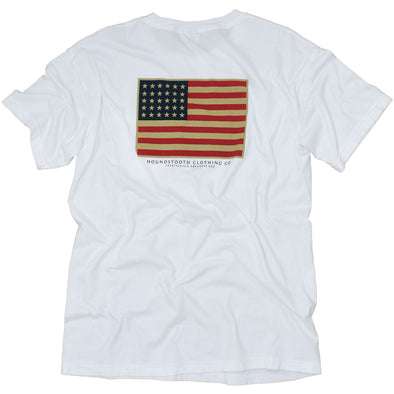 White patriotic t shirt with the American Flag on it made by freedombarkpark.