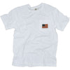 White patriotic t shirt with the American Flag on it made by freedombarkpark.