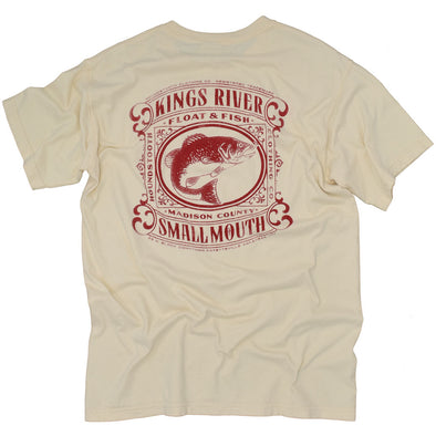 Cream colored t shirt with a red drawing of a small mouth bass flailing on Kings River.