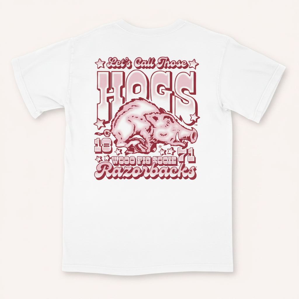 Houndstooth Clothing Company t-shirt featuring a Razorback graphic with a red wild hog and the text 'Let's Call Those hogs'