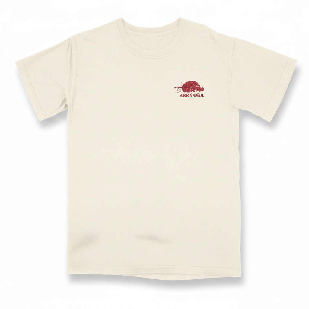 Houndstooth Clothing Company t-shirt featuring the Arkansas Razorbacks logo. The design displays the text 'University of Arkansas' and 'Home of the Hogs' in a distressed red font