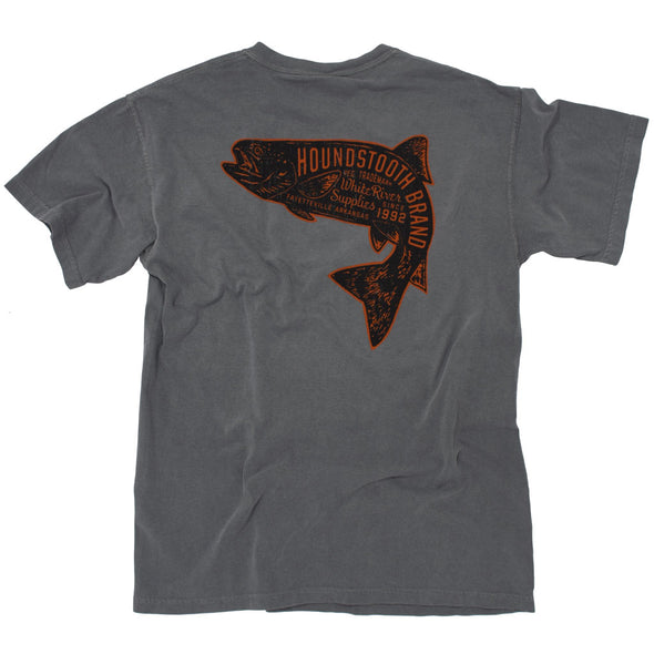 A grey shirt with an orange trout on it, inside the trout it says Houndstooth Brand.