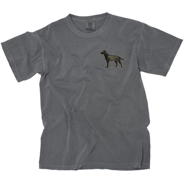 A grey shirt with a picture of a labrador on it with text that says Houndstooth Brand.