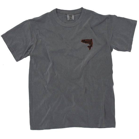 A grey shirt with an orange trout on it, inside the trout it says Houndstooth Brand.