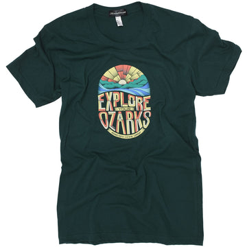 A soft green shirt with an Ozark Sunrise above the test explore your Ozarks.