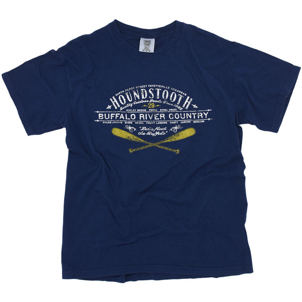 Dark navy t shirt with a vintage design featuring canoe paddles and text about the Buffalo River.
