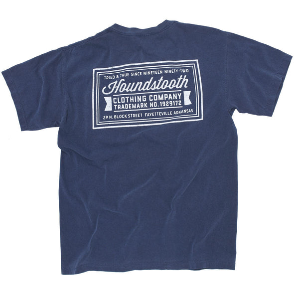 Navy t shirt with white text reading Houndstooth Clothing Company, made by a local Fayetteville, Arkansas business.