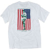 A patriotic white t shirt with a picture of a vintage baseball player over the American Flag.