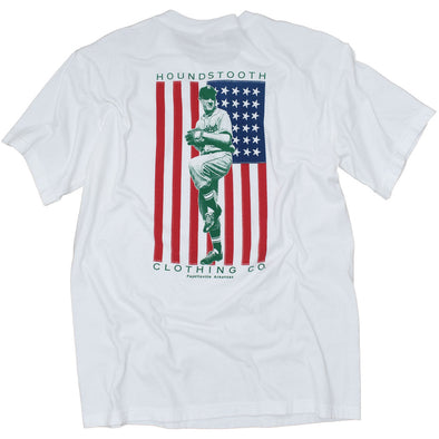 A patriotic white t shirt with a picture of a vintage baseball player over the American Flag.