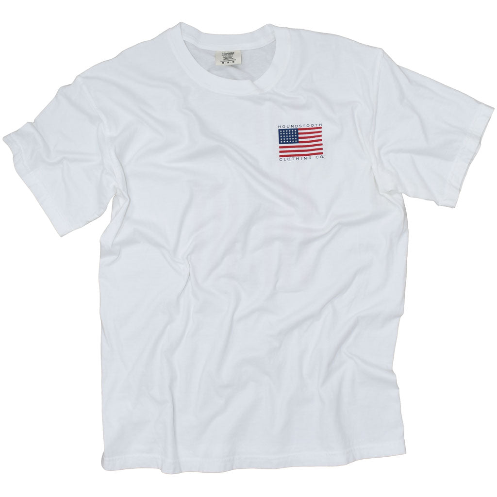 A patriotic white t shirt with a picture of a vintage baseball player over the American Flag.