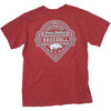 Crimson red university of arkansas razorback baseball t shirt with a hog and baum stadium.