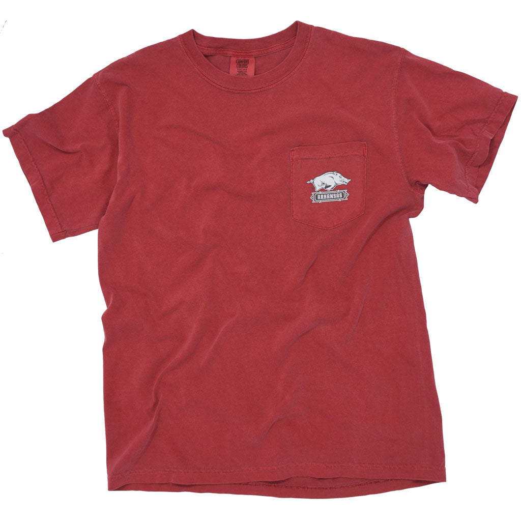Crimson red university of arkansas razorback baseball t shirt with a hog and baum stadium.
