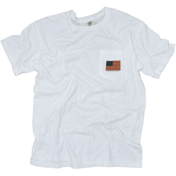 White patriotic t shirt with the American Flag on it made by Houndstooth Clothing Company.