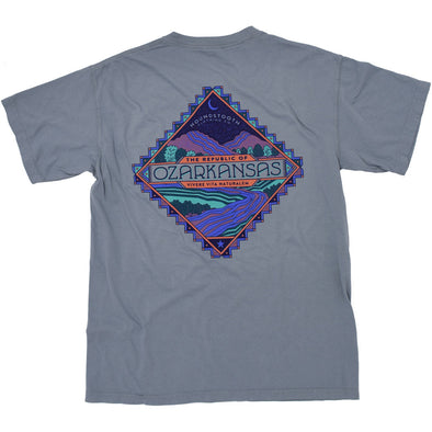 Grey t shirt with an artful representation of the Ozark Mountains with the test Ozarkansas in the middle.