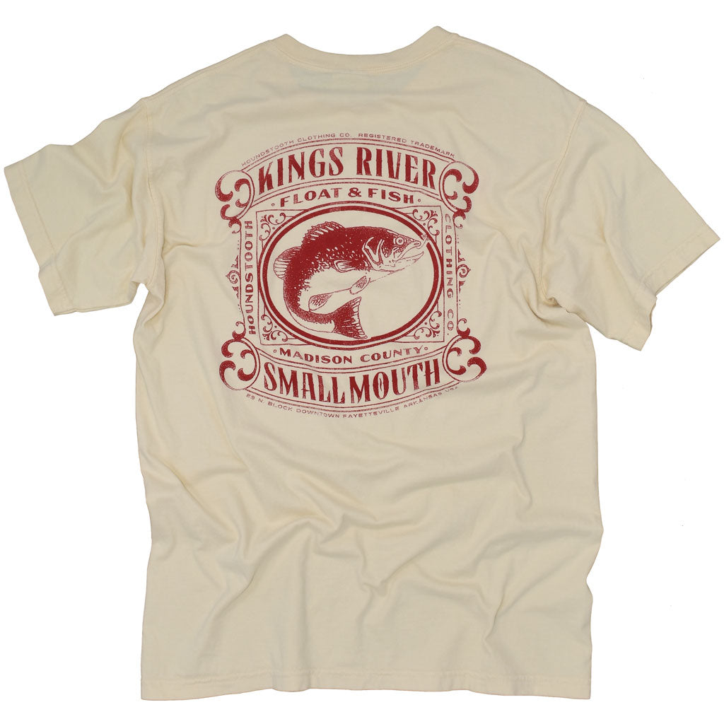 Cream colored t shirt with a red drawing of a small mouth bass flailing on Kings River.