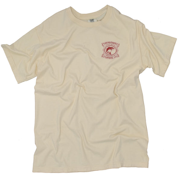 Cream colored t shirt with a red drawing of a small mouth bass flailing on Kings River.