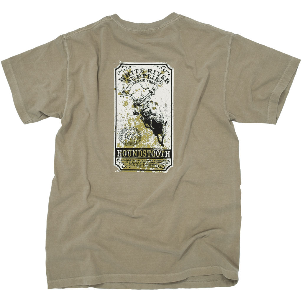 A tan colored t shirt with a drawing of a deer by White River Supplies