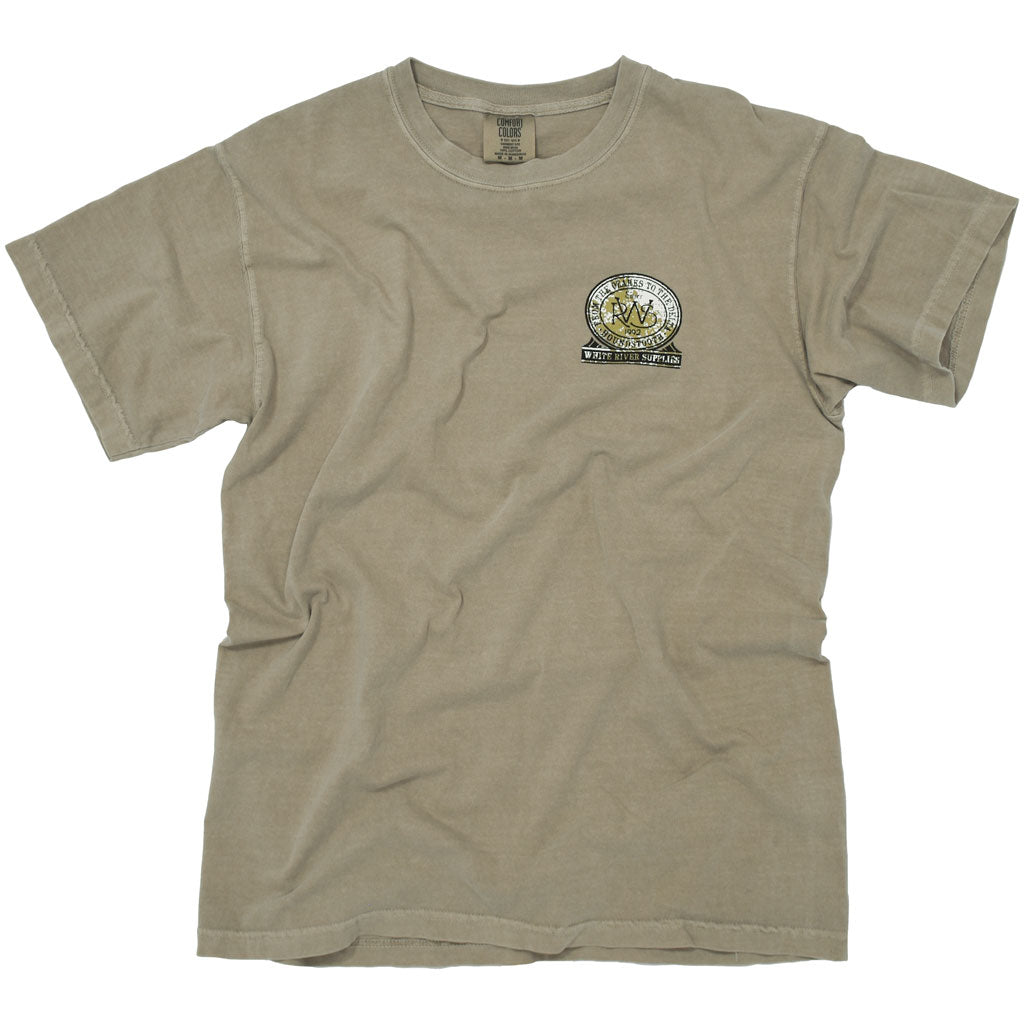 A tan colored t shirt with a drawing of a deer by White River Supplies