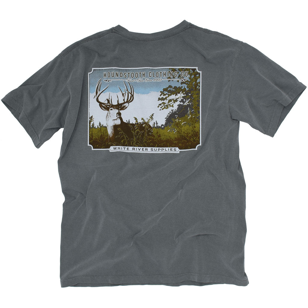 A grey t shirt with a woodcut image of a Buck standing in an Arkansas field.